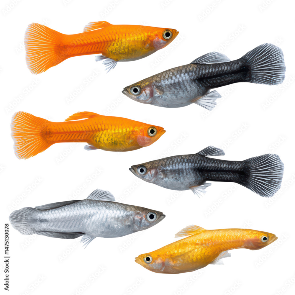 Colorful Guppy Fish Variety Collection on White Background, isolated on transparent background. Colorful Guppy Fish Variety Collection on White Background, isolated on transparent background.