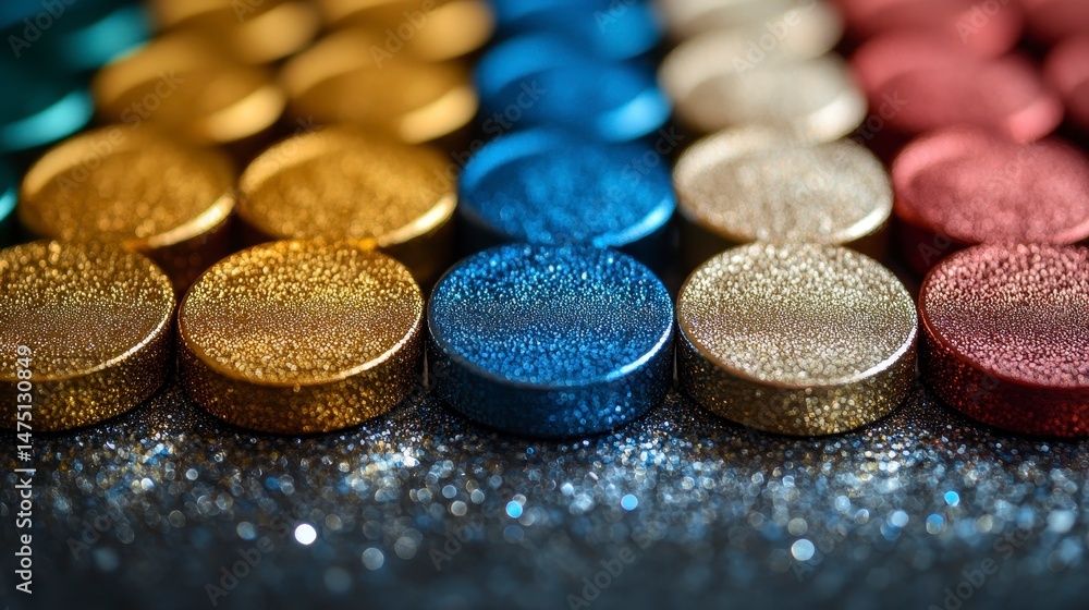 Colorful, shimmering rows of round elements sparkle on a dark, textured background Colorful, shimmering rows of round elements sparkle on a dark, textured background