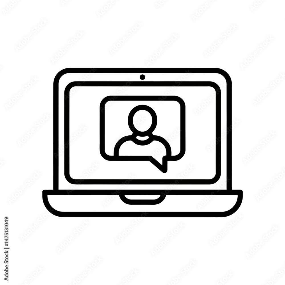 A simple line icon depicts a laptop with a screen showing a person and a speech bubble, suggesting a video call or online communication A simple line icon depicts a laptop with a screen showing a person and a speech bubble, suggesting a video call or online communication