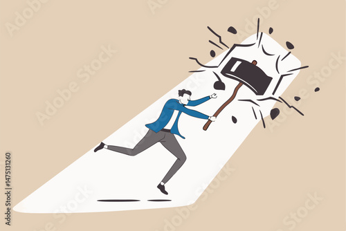 Breakthrough business boundary or limit, breaking the wall to see new work opportunities or career challenge concept, superpower businessman crack or breaking the wall with hammer to see light outside