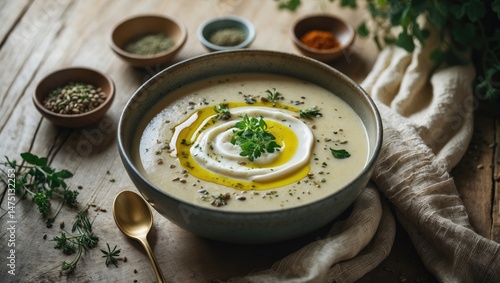 Bowl of mushroom cream soup enriched with herbs and spices