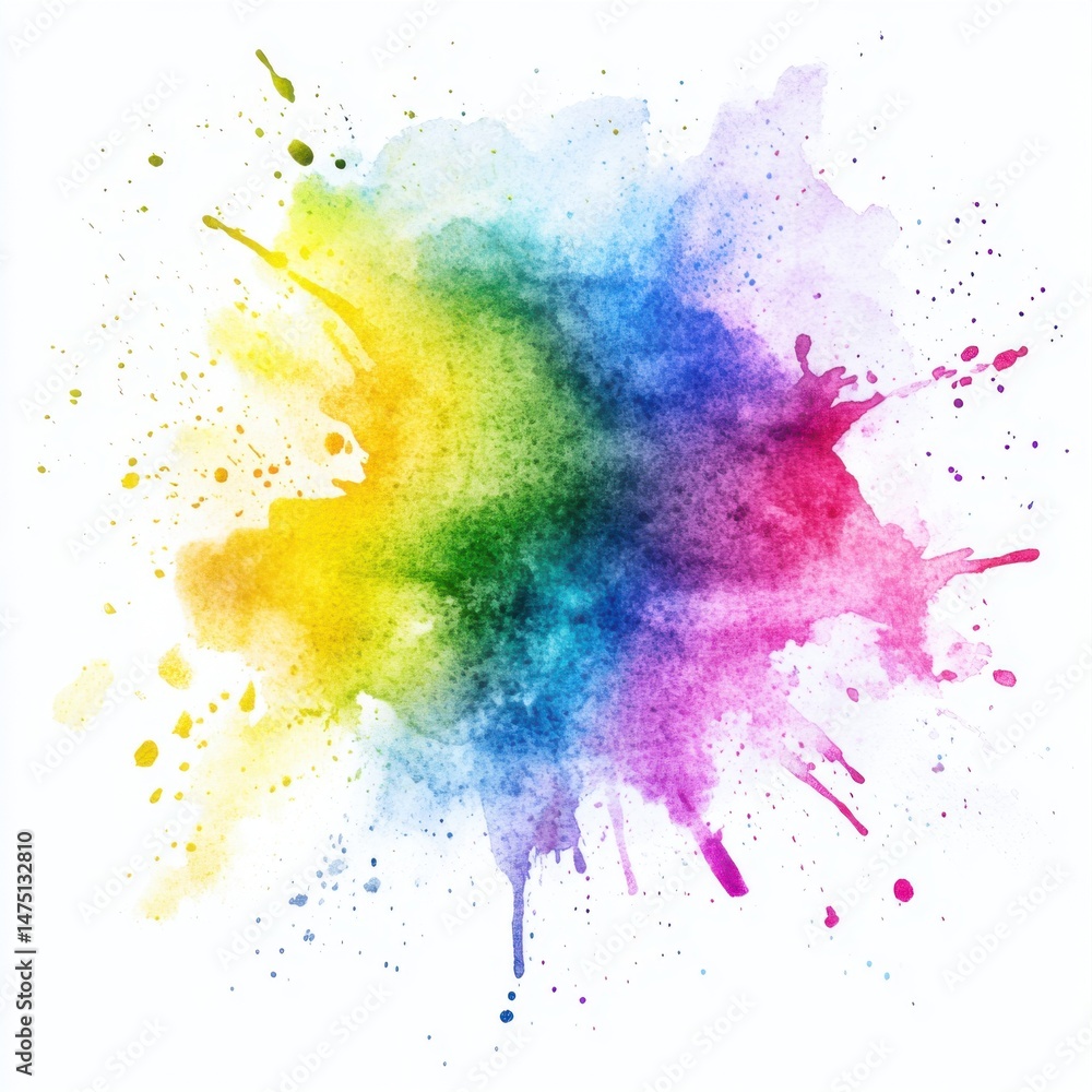 Fototapeta premium Vibrant watercolor splash on white background, abstract art with rainbow colors, top-down view, studio shot, artistic expression