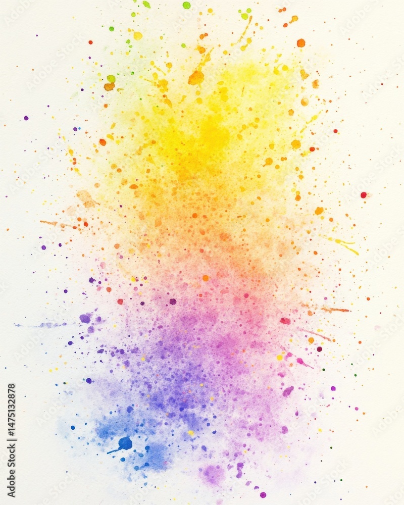 Obraz premium Watercolor Paint Splatter on White Paper Background Abstract Art Illustration Close Up View of Colorful Rainbow Pigment