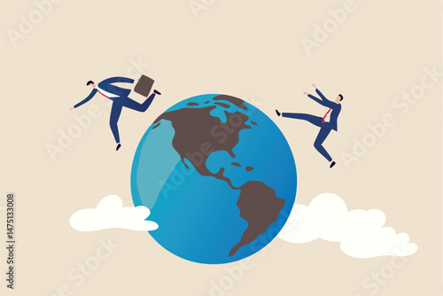 Global business competitor, innovation that change the agile world, international working abroad concept, businessman compete by running away and catch each other on the world, planet earth.
