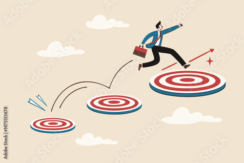 Aspiration and motivation to achieve bigger business target, advancement in career or business growth concept, smart businessman jumping on bigger and higher archery bull's eye target.