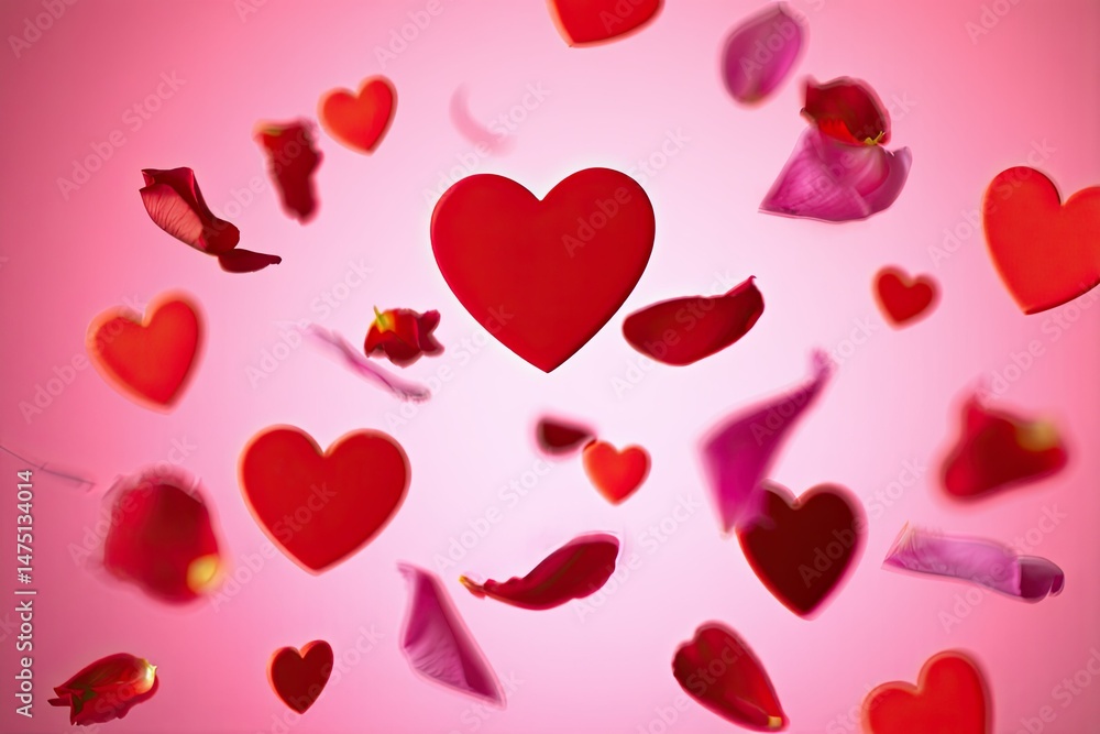 Floating red hearts and rose petals on a gradient pink background for romantic concepts Floating red hearts and rose petals on a gradient pink background for romantic concepts