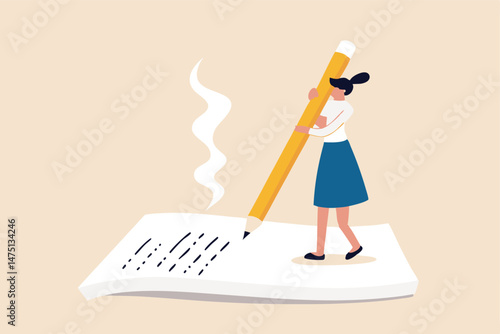 Content writer, blogger, bullet journalist or publishing editor concept, young smart woman freelance holding big pencil thinking and writing content on notepad paper with cup of coffee.