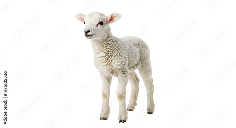 Fototapeta premium Cute Baby Lamb Standing on white background, Young White Lamb on white background, Baby Lamb Close-Up on white background
