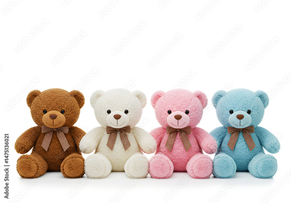Four Colorful Teddy Bears – Brown, White, Pink, and Blue on White Background
Four Colorful Teddy Bears – Brown, White, Pink, and Blue on White Background