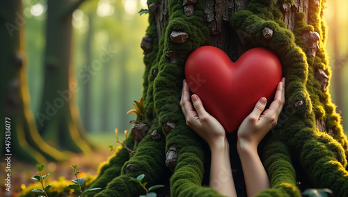 Hands gently cradling a vibrant red heart in front of a mossy tree trunk, symbolizing love for nature. The scene evokes a feeling of tranquility and connection.