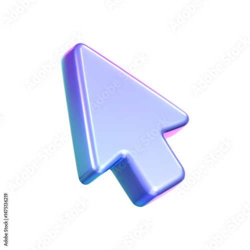 3D holographic arrow cursor icon with a neon gradient, isolated on a white background. Render of iridescent arrow for interfaces, tech navigation, mouse clicks, location search. 3d vector icon