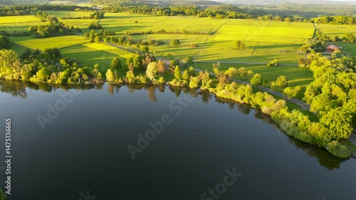 Lakeside at dusk, Westerwald, Germany - aerial view
