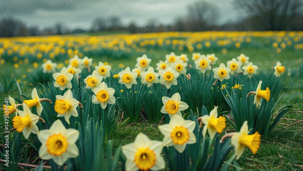 Fototapeta premium During spring's arrival, spirited daffodils emerge from the thick green grass, their sunny petals enriching the rejuvenating landscape.