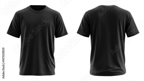 A 4K photo of blank black tshirt front and back views isolated on white apparel mockup design.