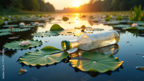 A serene water scene featuring a bottle floating on water lilies, with the warm glow of the sunrise. The bottle represents a message in a bottle.