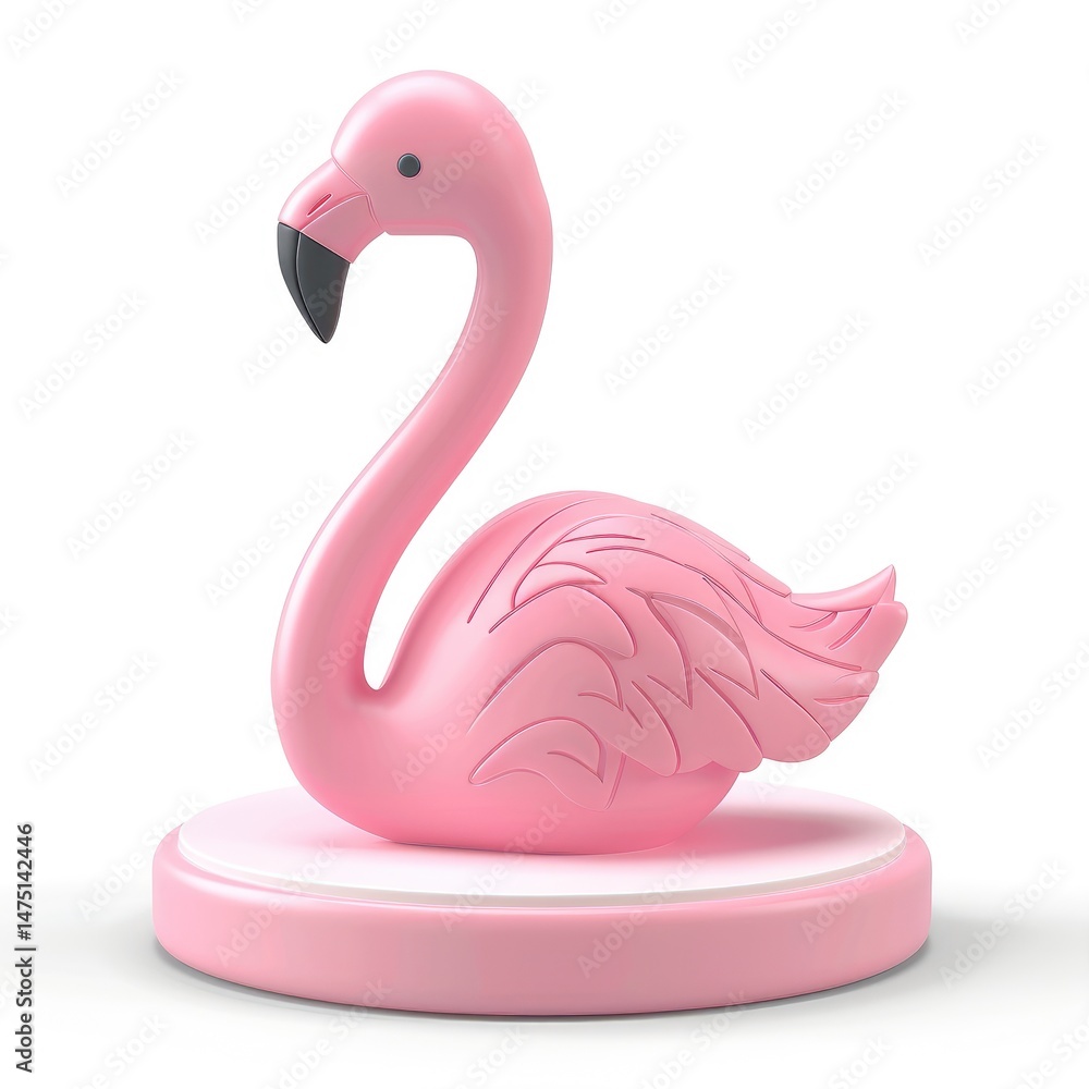 Pink flamingo figurine sits atop a circular base. Pink flamingo figurine sits atop a circular base.