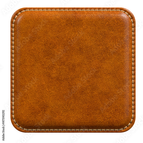 Brown Leather Square Patch with Rounded Corners and Stitching in 3D render with transparent background