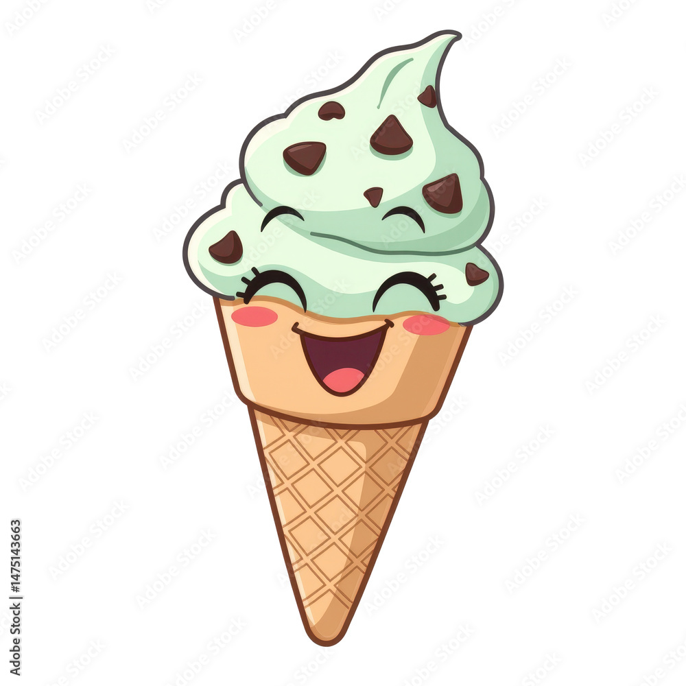 Happy Mint Chocolate Chip Ice Cream Cone Cartoon Illustration Happy Mint Chocolate Chip Ice Cream Cone Cartoon Illustration