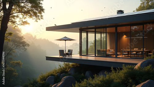 A luxurious modern house with a scenic view, featuring a patio and lush greenery, bathed in the warm glow of the morning sun.