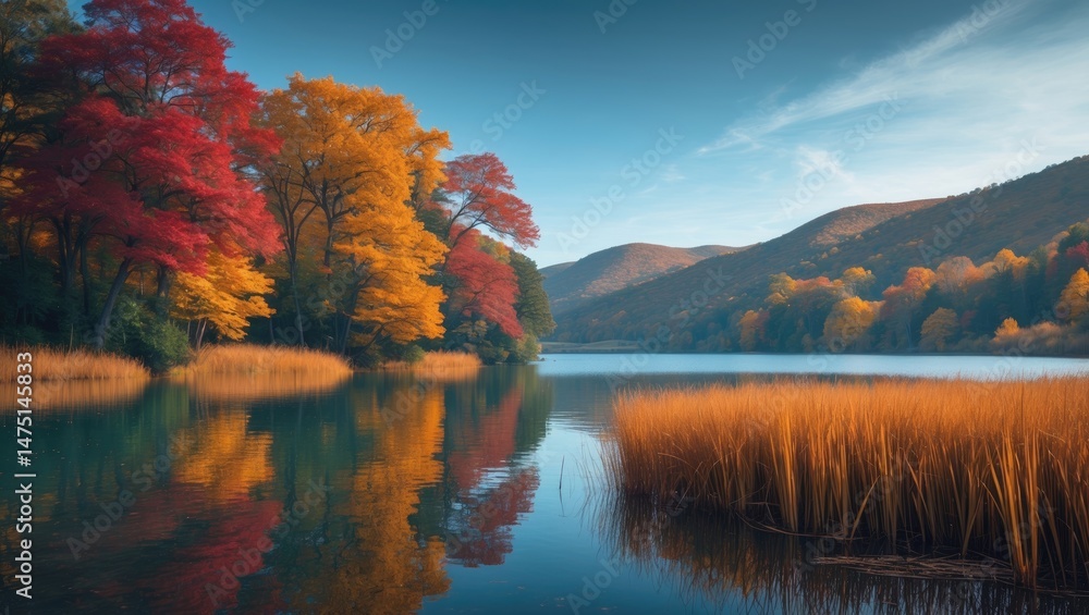 Fototapeta premium Calm lake amid the gentle colors of autumn