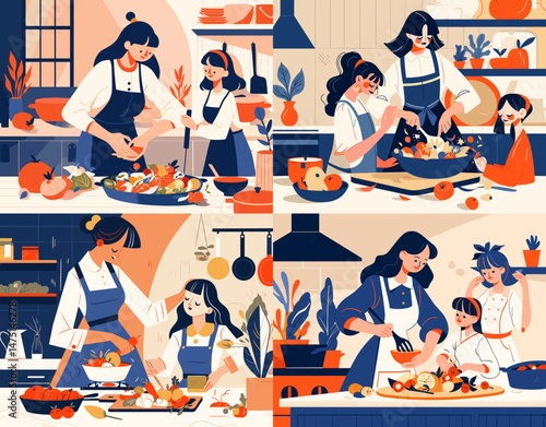 Cooking together: An illustration shows a heartwarming scene of a mother and child cooking together in a kitchen, sharing moments of joy and culinary exploration.