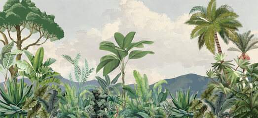Fototapete Dschungel Tropical garden wall Mural Illustration, Tropical Background, Watercolor Background.  © Sharif
