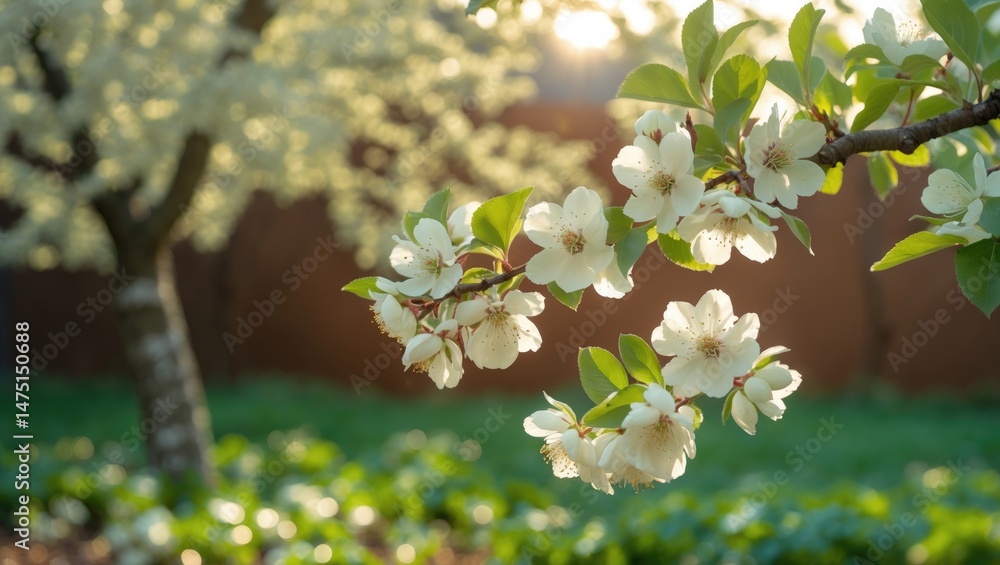 Obraz premium Tree blossoms bloom beautifully against a sunny sky, with green leaves and brown tree trunks in the background.
