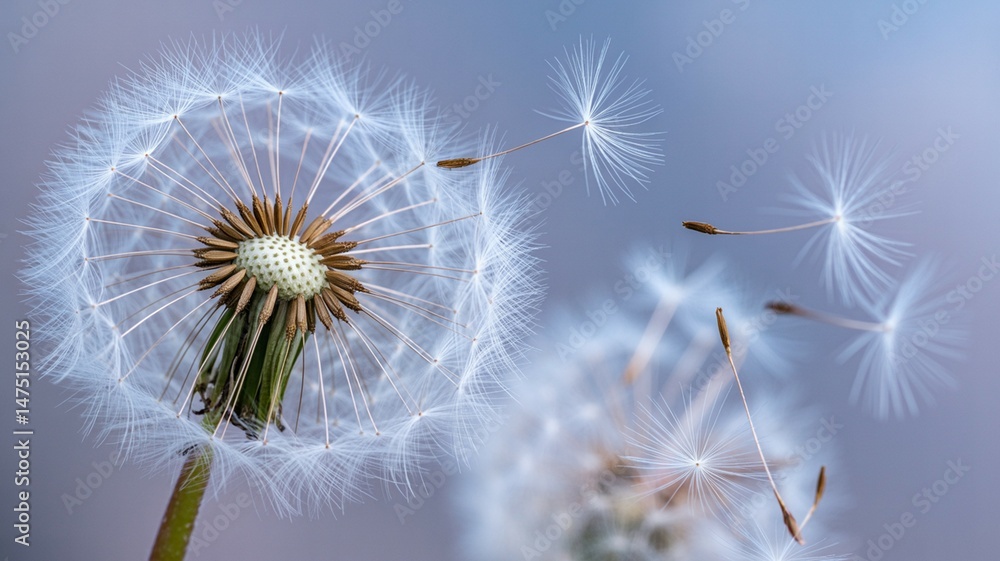 Closeup of a white dandelion seed head with delicate details against a soft, dreamy background Closeup of a white dandelion seed head with delicate details against a soft, dreamy background