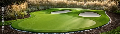 A private putting green with undulating terrain, surrounded by ornamental grasses and solar path lights.