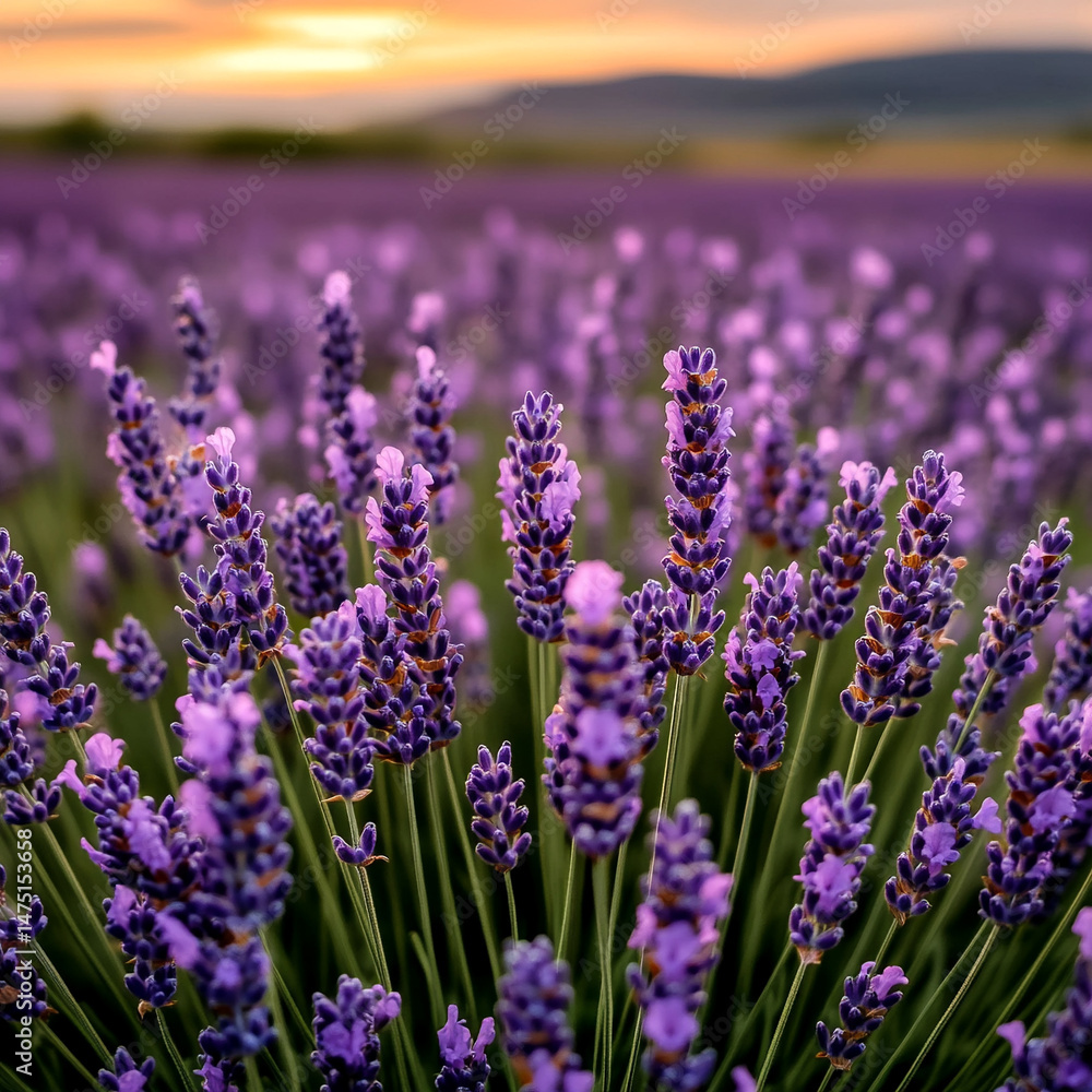 Obraz premium A field of lavender captured at sunset with golden light and dreamy soft focus