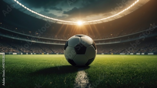 Season kickoff of sports events with a traditional soccer ball on a grass football field at stadium under spotlight. Focus on sport, creativity, energy, power. Advertising poster design concept.