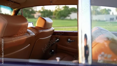 Wallpaper Mural Interior of Vintage Classic Car with Tan Leather Seats and Wooden Dashboard Torontodigital.ca