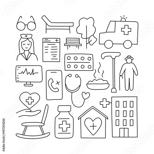 Elderly care. doodle icons set. Isolated, on white background.