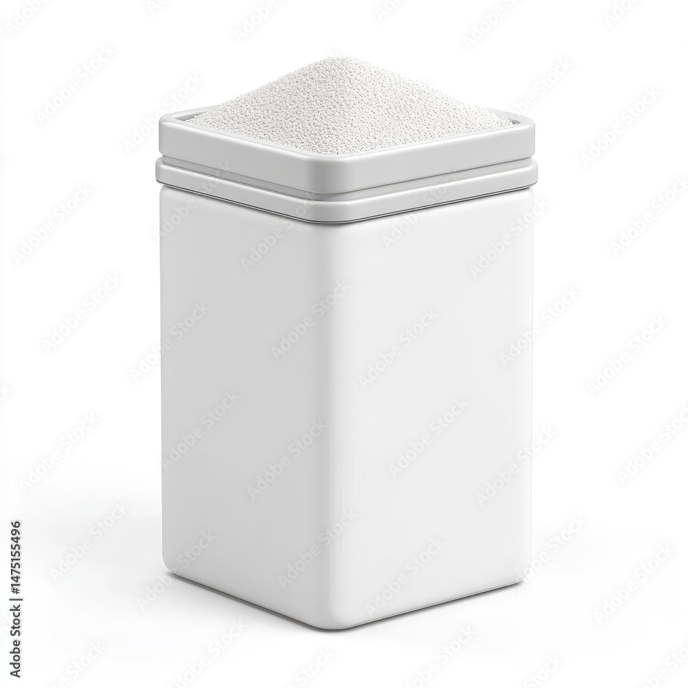 White square container holds granular white powder. White square container holds granular white powder.
