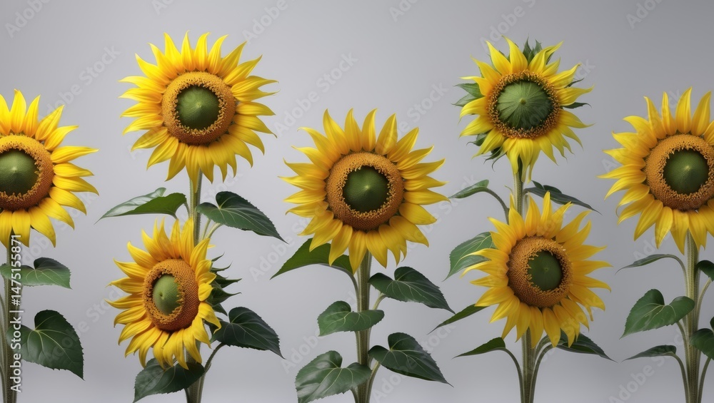 Obraz premium Fresh yellow sunflower with green foliage set against a gray background, representing different sunflower species for design use