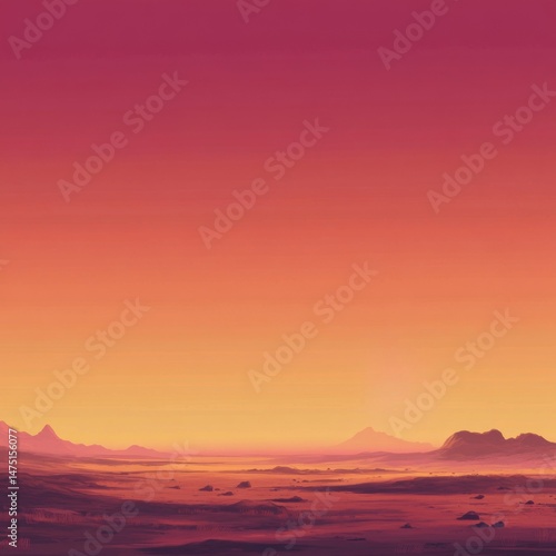 Desert landscape at sunset or sunrise with mountains and rocks in warm colors wide angle view