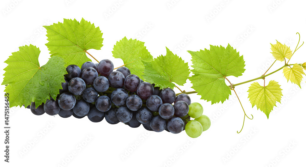 Fototapeta premium Fresh Black Grapes with Vine and Leaves Isolated on White Background, 