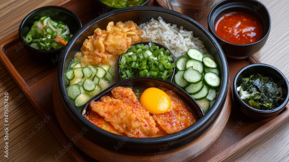 A cozy setting showcasing Korean fried chicken in a traditional Korean bowl, garnished with sliced green onions, served alongside a refreshing beverage for a complete meal. A cozy setting showcasing Korean fried chicken in a traditional Korean bowl, garnished with sliced green onions, served alongside a refreshing beverage for a complete meal.