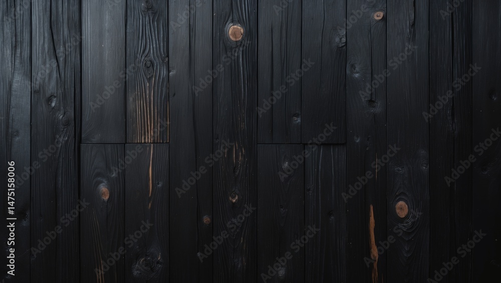 Fototapeta premium Charred wood boards aligned side by side on a sleek dark background, creating a contemporary abstract texture reminiscent of parquet flooring and black wooden decor