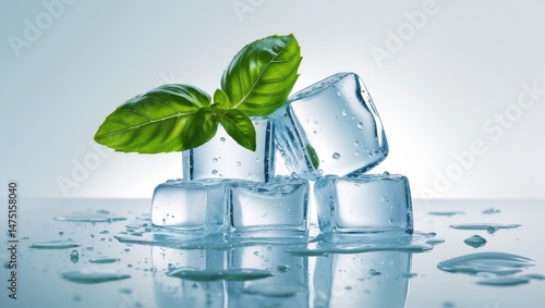 Transparent ice and basil leaves against white backdrop