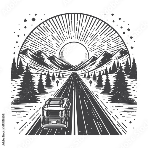 Vintage Hand-Drawn Road Trip with Night Drive Illustration – Travel Adventure Engraved Style Vector for T-Shirts, Posters, Stickers, and Road Trip Themes Apparel