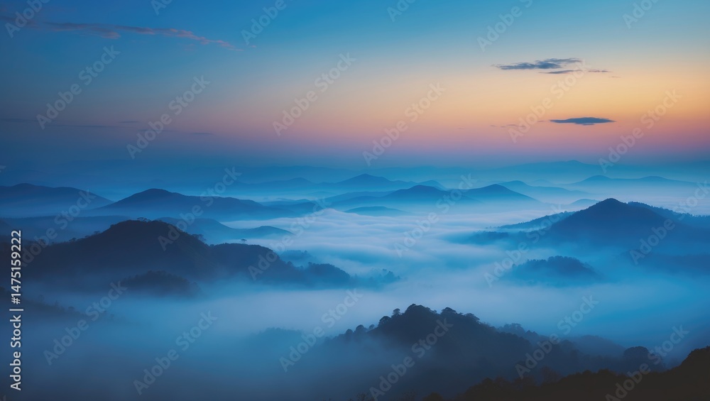 Beautiful morning scene with mist, blue sky, and mountain silhouettes at sunrise Beautiful morning scene with mist, blue sky, and mountain silhouettes at sunrise