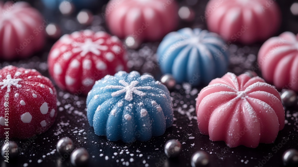 Colorful candies, blue, pink and red with white patterns, and silver spheres against a black background Colorful candies, blue, pink and red with white patterns, and silver spheres against a black background
