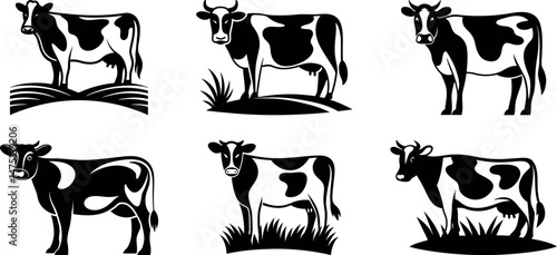 Dairy Cattle Array: A collection of dairy cattle in a variety of poses, symbolizing the essence of the agricultural sector. The cattle are captured in a clean, bold style.