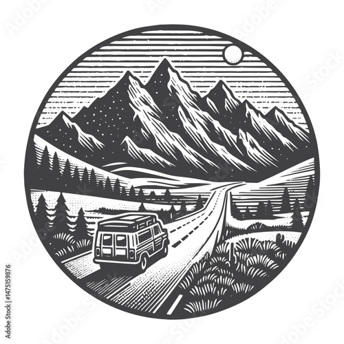 Vintage Hand-Drawn Road Trip with Mountain View Illustration – Travel Adventure Engraved Style Vector for T-Shirts, Posters, Stickers, and Road Trip Themes Apparel