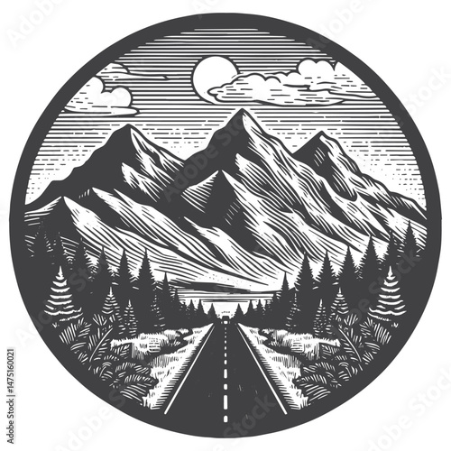 Vintage Hand-Drawn Road Trip with Mountain View Illustration – Travel Adventure Engraved Style Vector for T-Shirts, Posters, Stickers, and Road Trip Themes Apparel