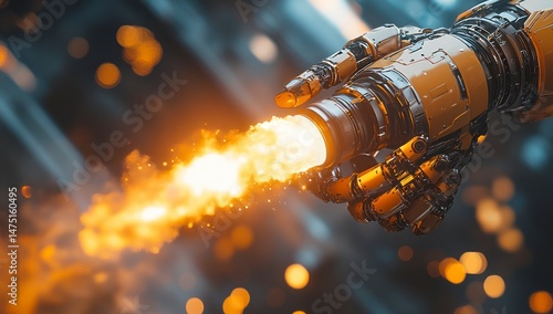 Robotic hand holds a thruster with flames