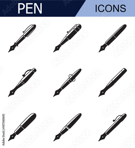 Set of black pen icons with different nib designs, ideal for representing writing, education, and office supplies in minimalist black and white style.