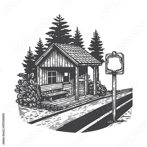 Vintage Hand-Drawn Road Trip with Rest Stop Illustration – Travel Adventure Engraved Style Vector for T-Shirts, Posters, Stickers, and Road Trip Themes Apparel