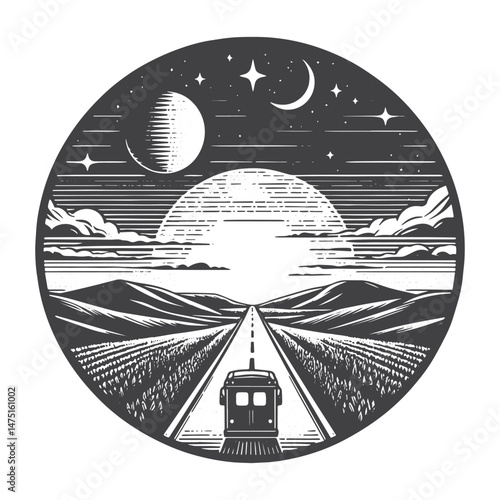 Vintage Hand-Drawn Road Trip at Sunset Illustration – Travel Adventure Engraved Style Vector for T-Shirts, Posters, Stickers, and Road Trip Themes Apparel